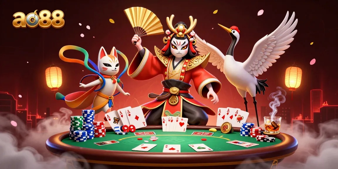 Experience ao88 casino thrills with a vibrant scene of 3D characters amidst poker and casino elements.
