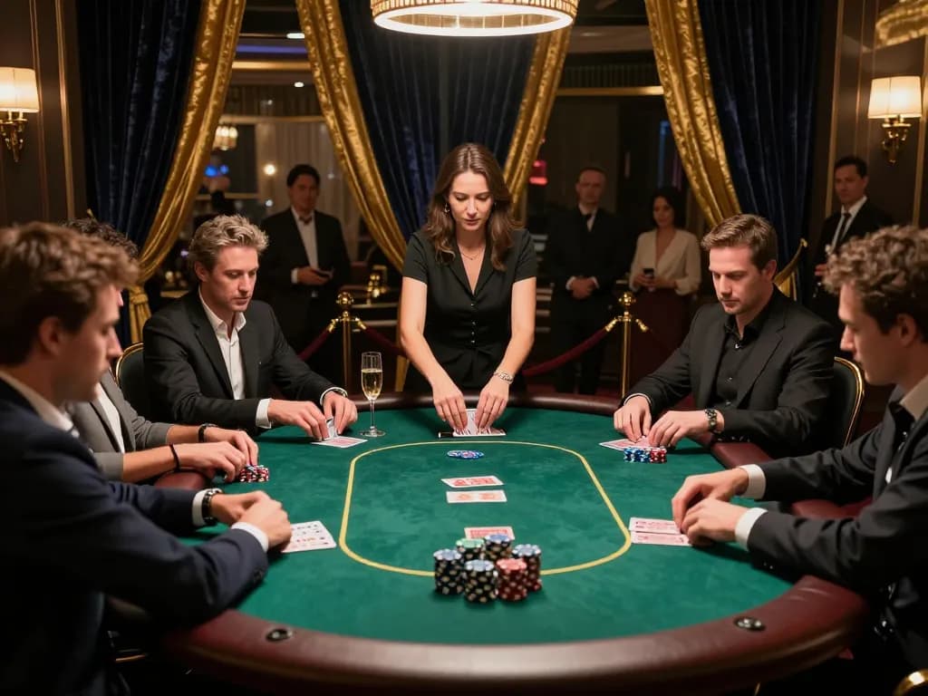 va88 high-stakes poker game in an upscale casino, players engaged in a strategic showdown