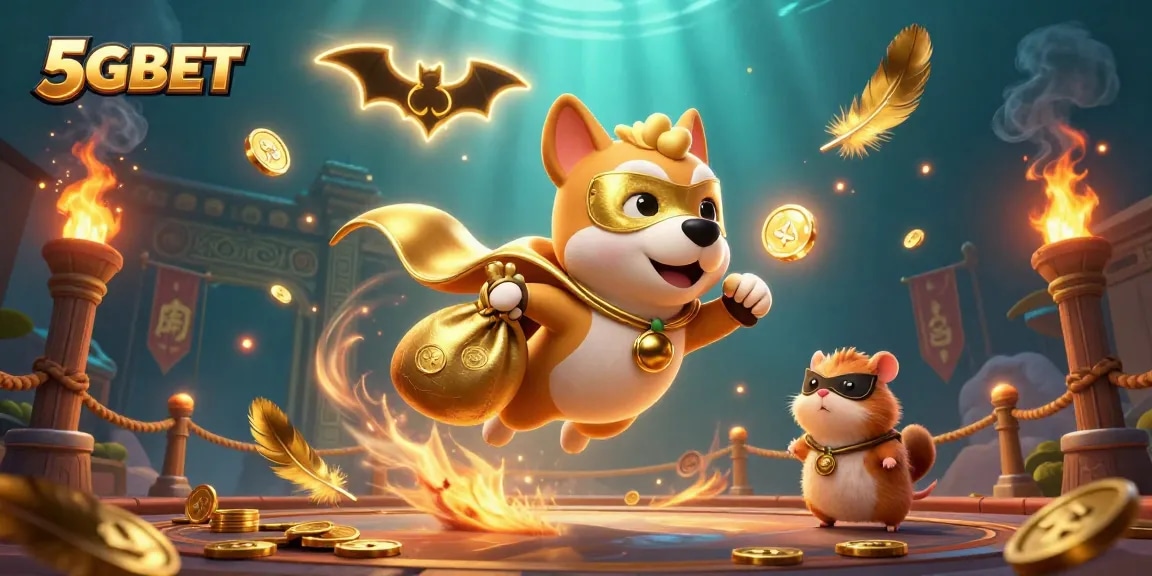 Experience thrilling gameplay with 5GBET as a superhero dog flies through a dazzling casino scene.