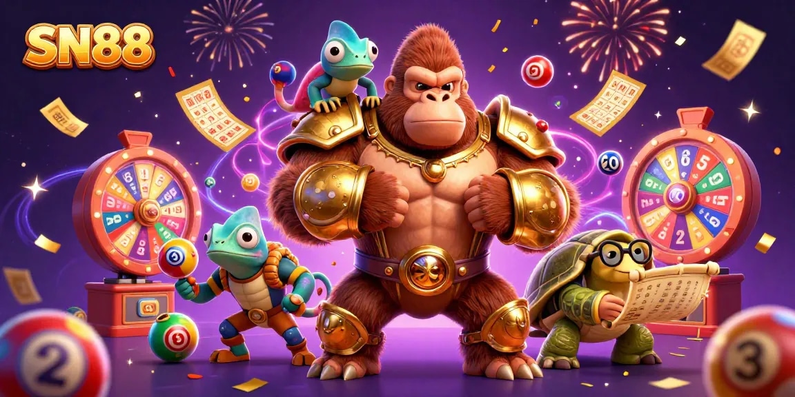 Place bets at SN88 with a vibrant 3D scene depicting a gorilla king, chameleon, and tortoise amidst colorful casino elements.