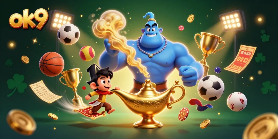 Experience thrilling sports betting with ok9, featuring dynamic characters and vibrant casino elements.