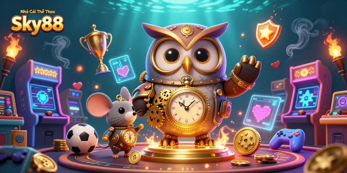 Engaging sports betting scene with Nhà Cái Thể Thao Sky88, featuring dynamic cartoon characters and gaming elements.