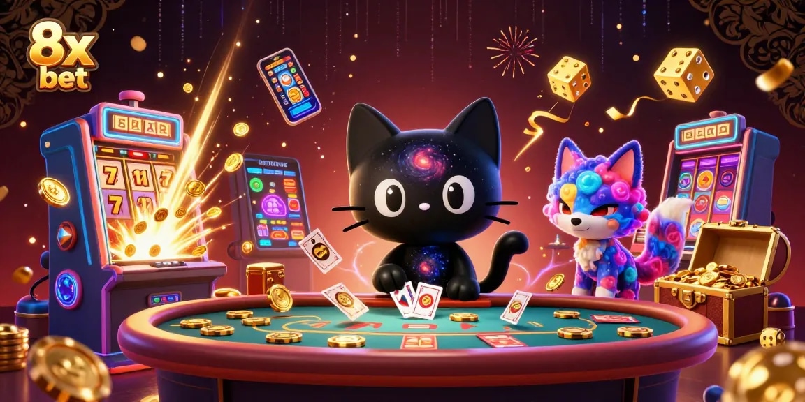 Join the excitement of 8x bet at a cosmic casino with a black hole cat and energetic fox.