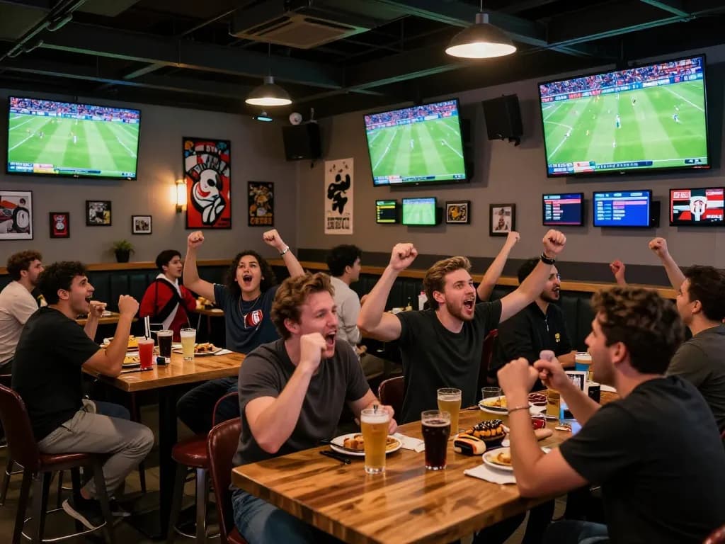 Engaged patrons cheering in a vibrant sports bar during a soccer match, embodying the excitement of trang cá cược bóng đá.