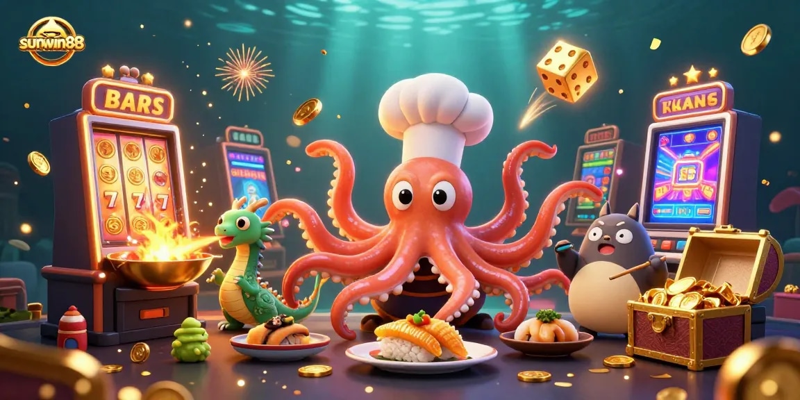 Win big with sunwin88 at an exciting casino scene featuring vibrant characters and games.