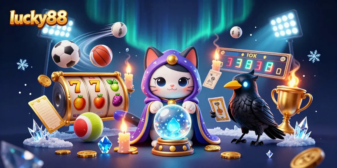 Engage in thrilling Lucky88 slot gameplay with a mystical cat and raven as dynamic characters.