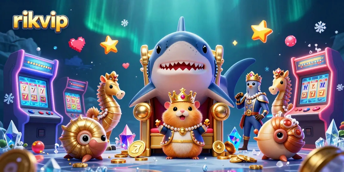 Experience the excitement of winning at rikvip with this vibrant 3D casino-inspired illustration.