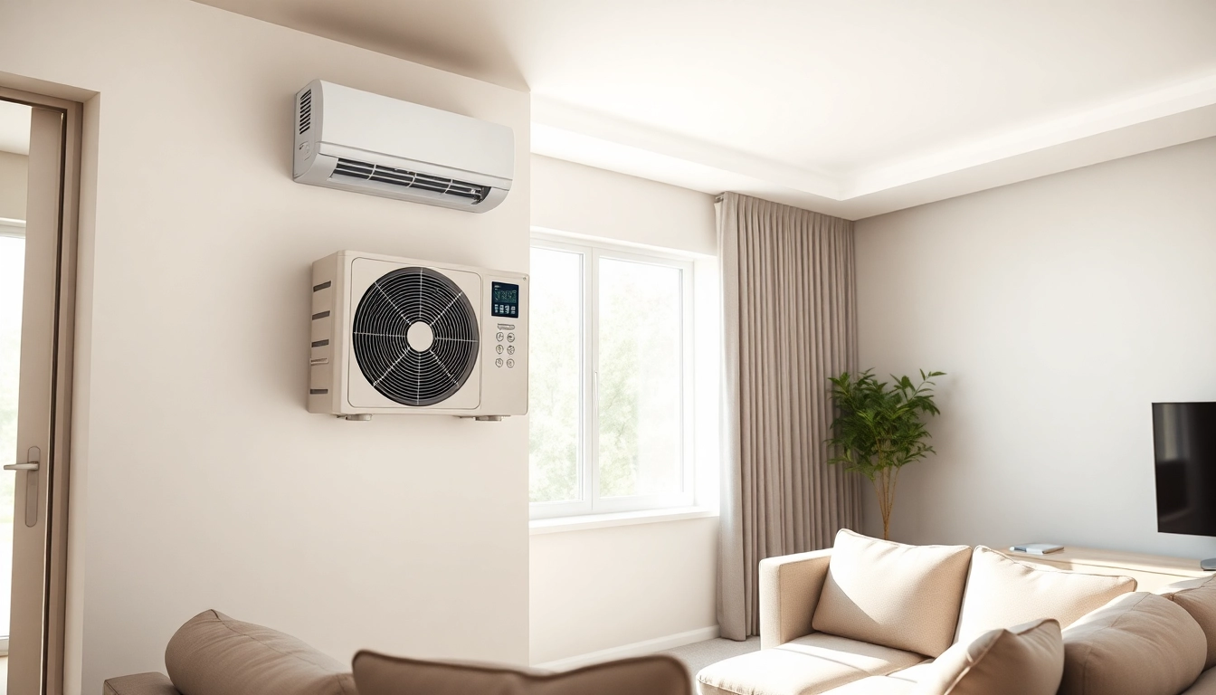 Install a mitsubishi mini split ac in a stylish modern living room, featuring natural light and minimalist decor.