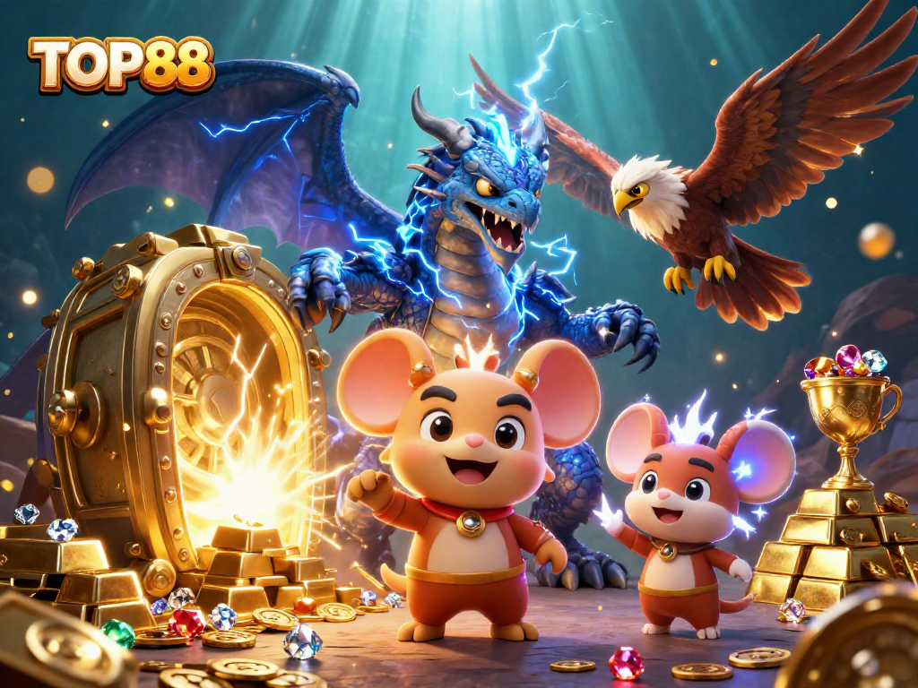 Experience the magic of TOP88 with a vibrant 3D casino illustration showcasing thrilling game elements.