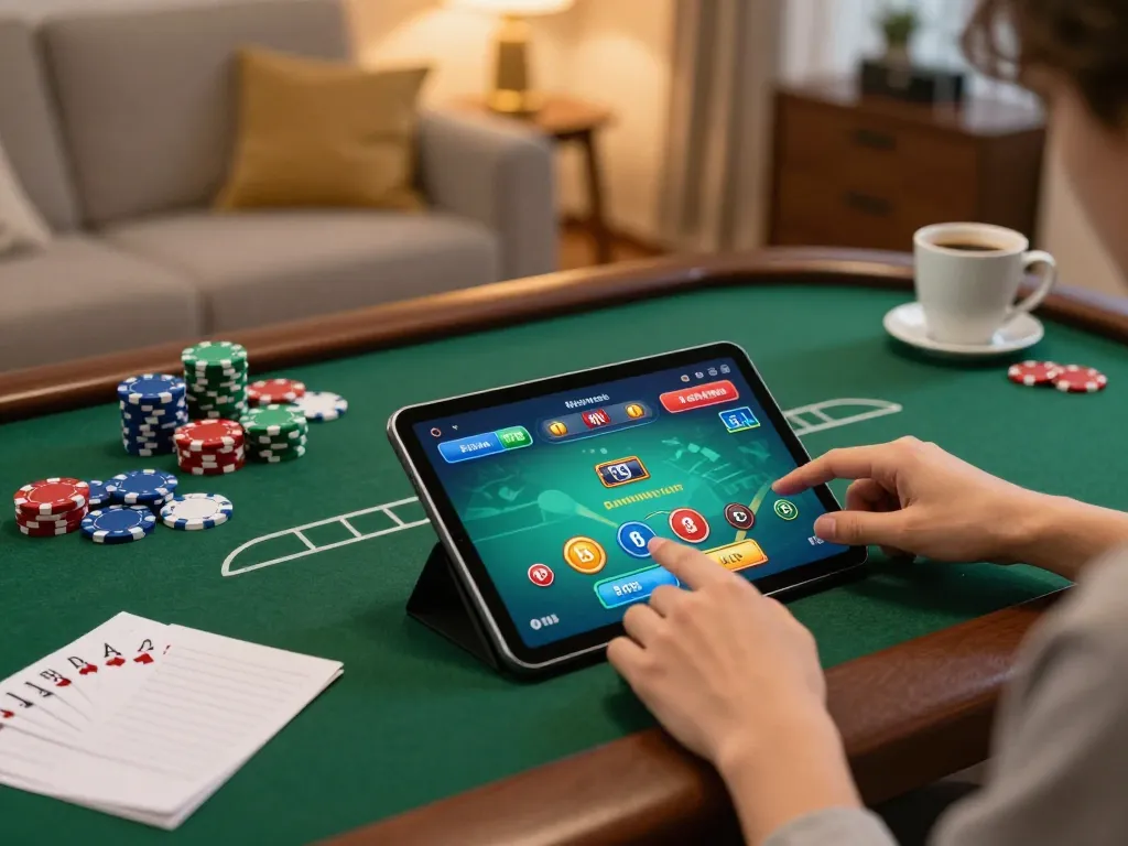 Kp88 player enjoying an online poker game from a cozy home setup.
