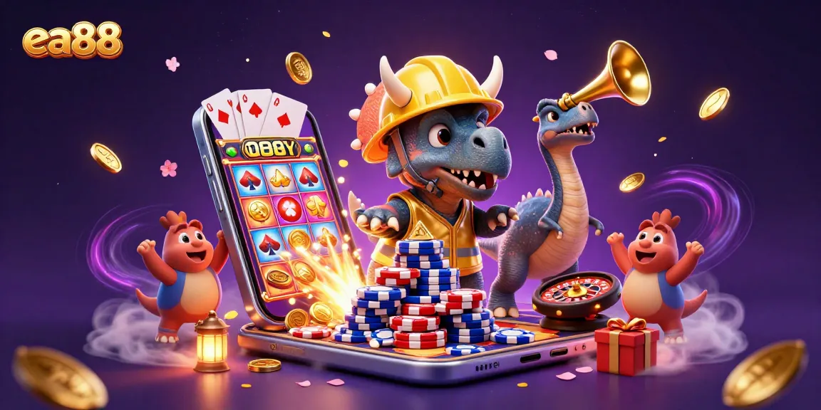 Engage with the thrilling world of ea88 as a triceratops stacks poker chips amidst celebratory casino elements.