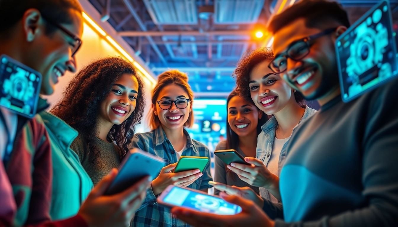 Engaging users enjoying Crushon AI technology in a vibrant, innovative setting.