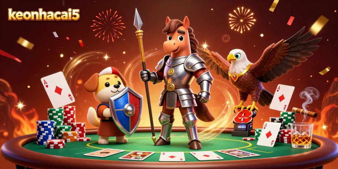 Engage in thrilling action with keonhacai5 as a knight, squire, and falcon amidst poker chips.