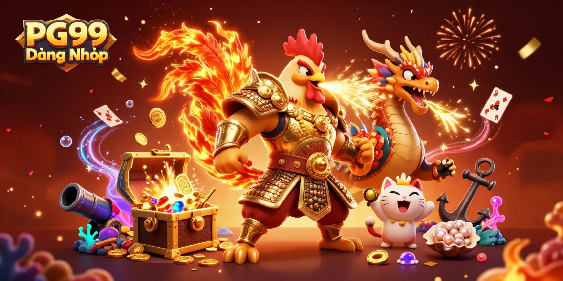Experience the thrill of PG99 Đăng Nhập as a fighting rooster warrior battles alongside a dragon in this vivid casino scene.