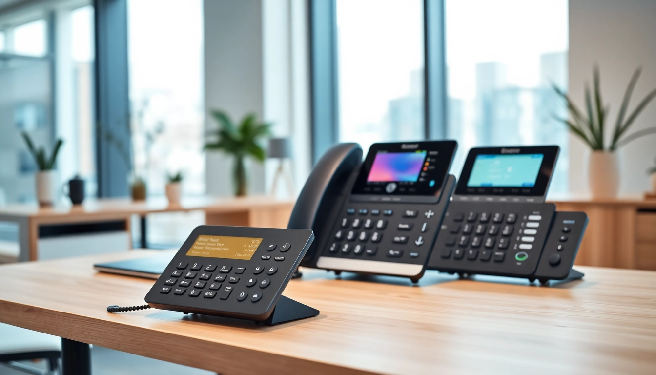 Showcasing office phone systems in a professional environment, featuring modern design elements.
