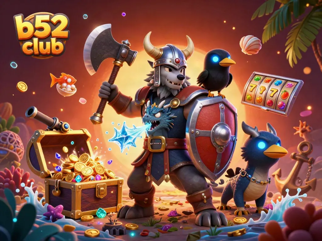 Experience thrilling games at b52 club with cartoon characters and casino elements in a colorful 3D scene.