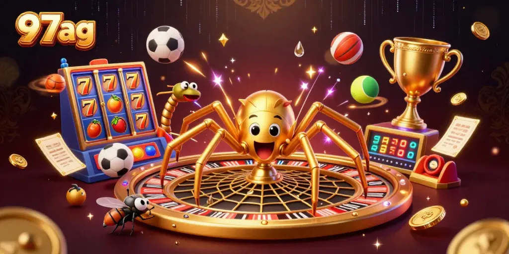 97ag casino illustration of a spider spinning a roulette wheel web in an engaging online gambling scene.