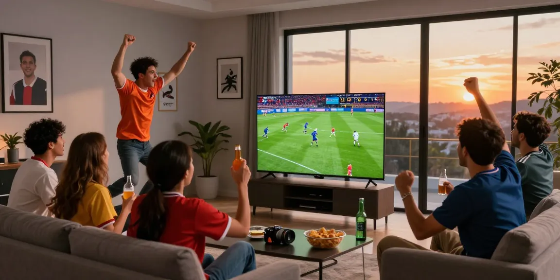 Engaged soccer fans enjoying multicanais streaming live football match in vibrant living room.