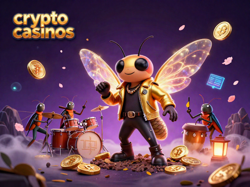 Experience vibrant crypto casinos with a cicada rock star, beetle drummer, and blockchain elements.