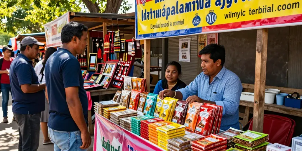 Dynamic local market scene featuring rokok88 vendor and shoppers engaging with colorful products.