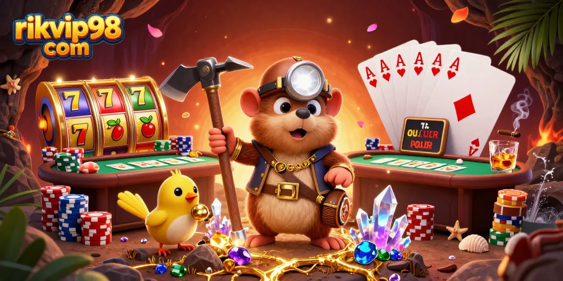 Experience the thrill of rikvip98 com with a treasure hunter mole and vibrant casino elements in this dynamic scene.
