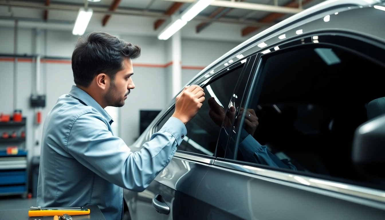Applying the best window tint Chattanooga TN with skilled precision in a bright auto shop.