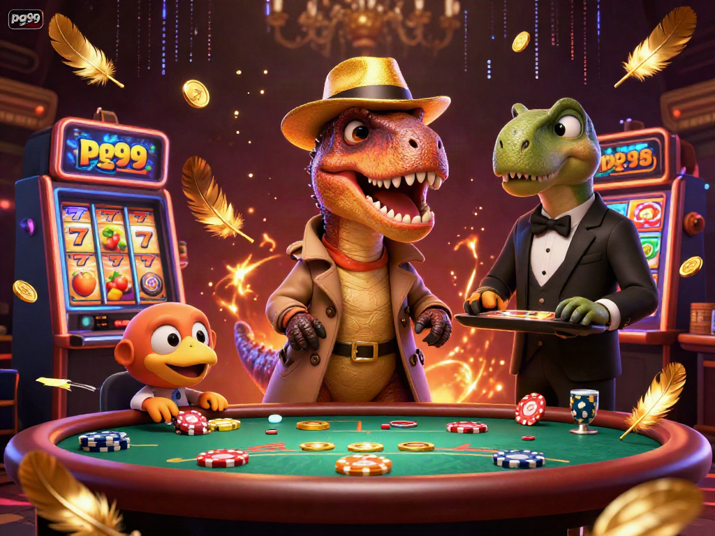 Experience thrilling action at PG99 with a velociraptor card counter amidst vibrant casino elements.