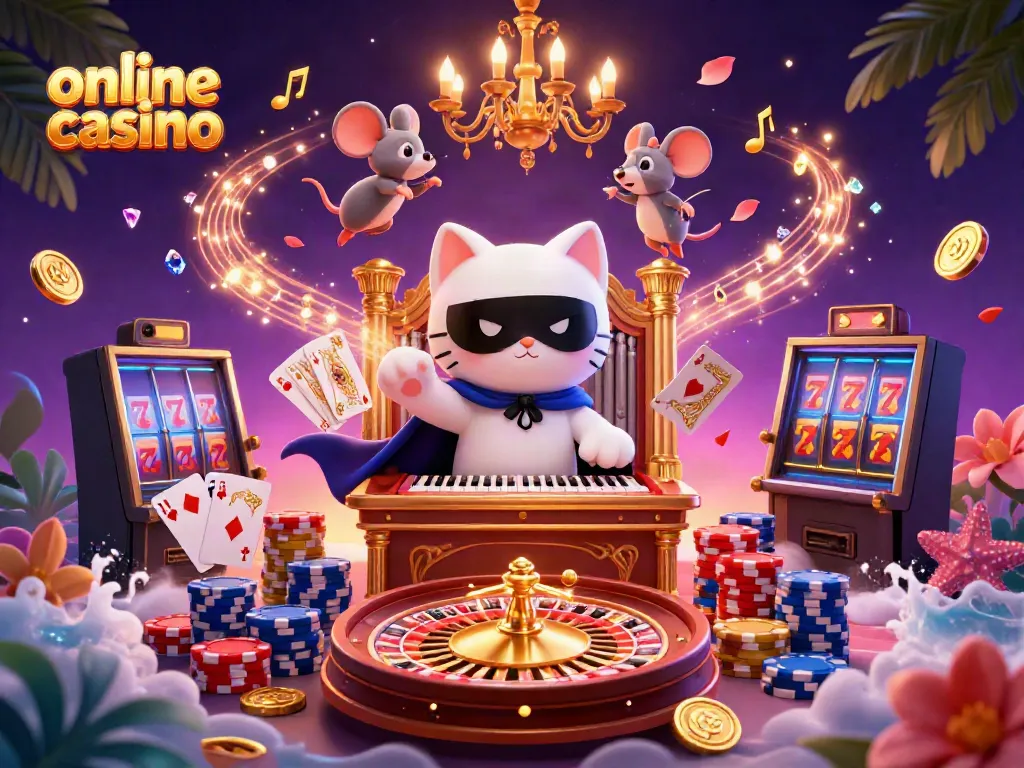 Experience the excitement of an online casino with a captivating 3D illustration featuring a whimsical cat and mouse amidst gaming elements.