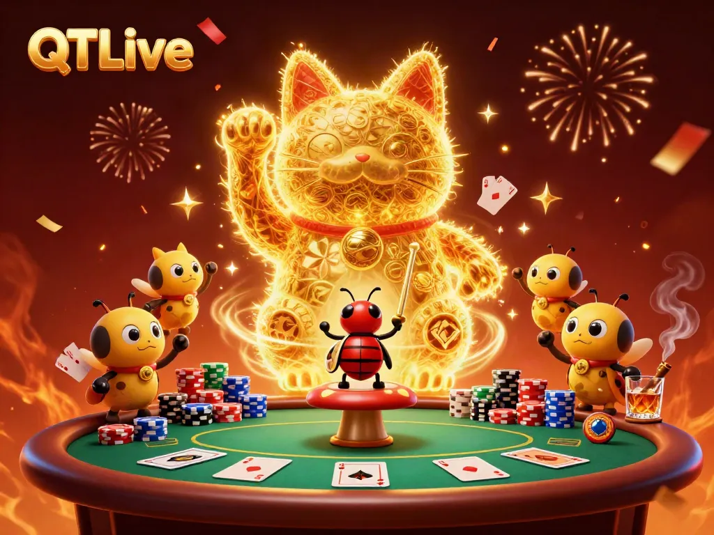 Interact with the QQLive gaming experience as a lucky cat waves among vibrant casino symbols.