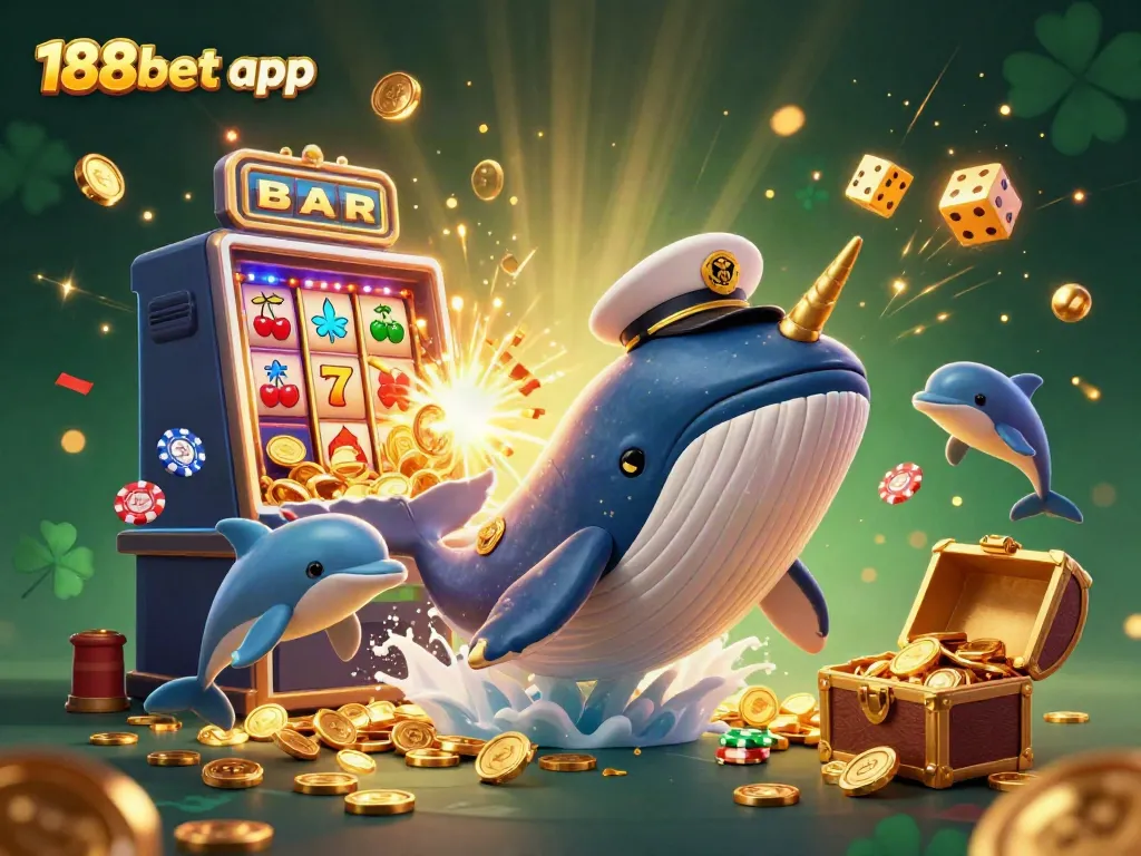 Bet on the 188bet app with dynamic characters like a whale and dolphins in a casino scene.