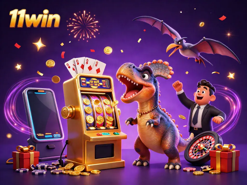 Experience the excitement of 11win with cartoon dinosaurs celebrating a jackpot win at a casino.