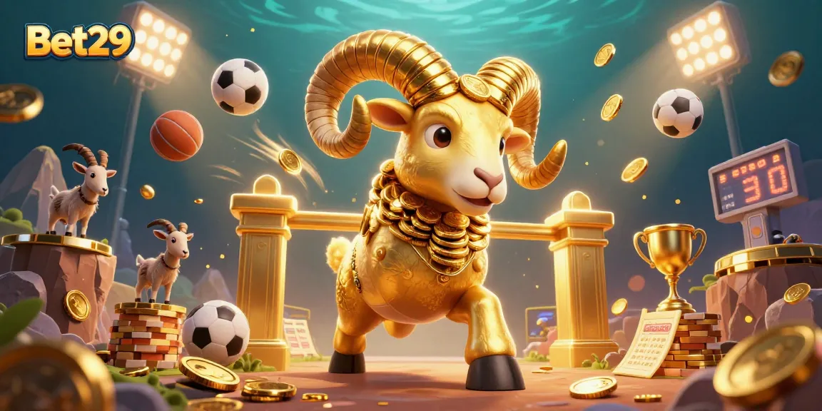 Engage with Bet29 through an electrifying scene featuring a golden ram and dynamic sports elements, emphasizing excitement.