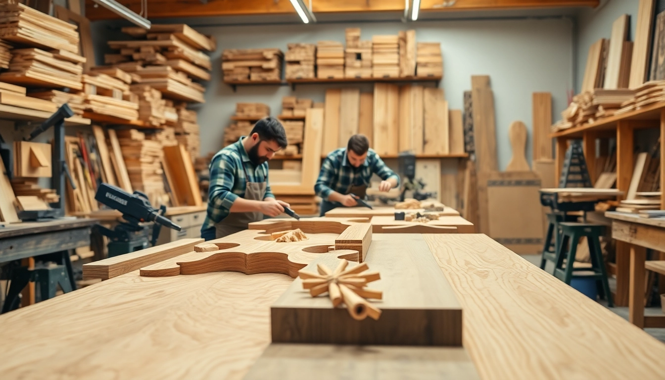 Craftsmen creating custom millwork in a well-lit workshop showcasing their artistry.
