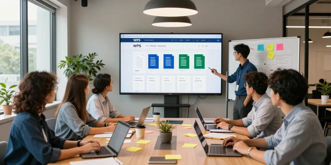 Dynamic team meeting highlighting the WPS Official Website on a large screen in a collaborative workspace.