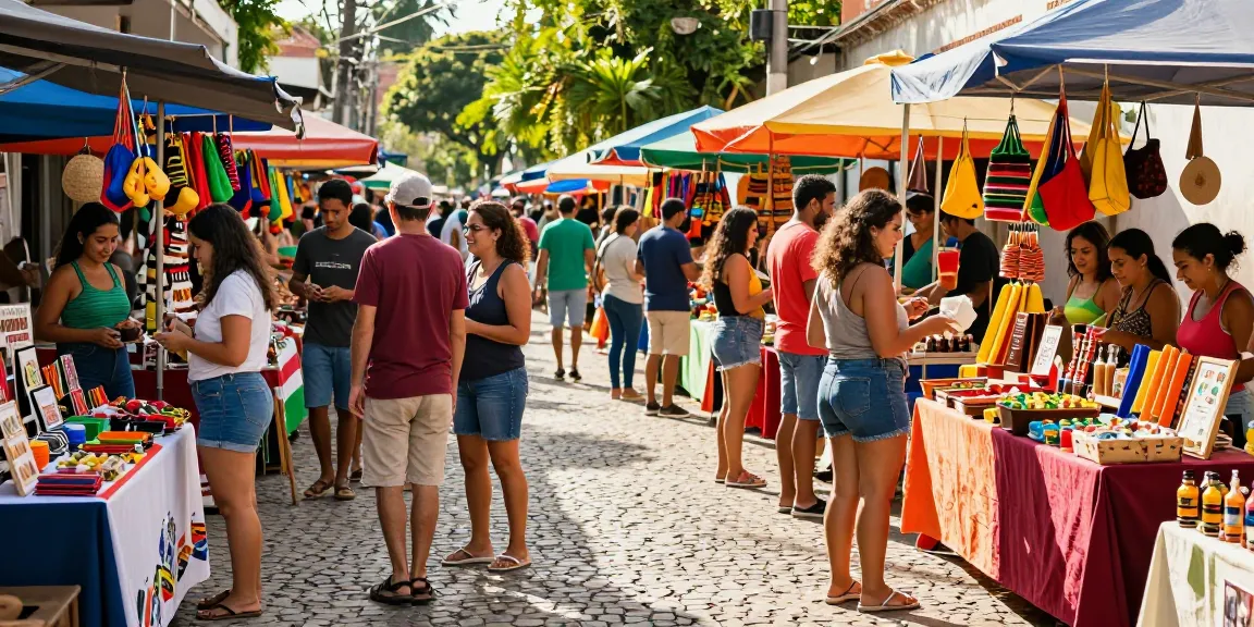 Shoppers exploring vibrant Brazilian Produtos in an outdoor market.