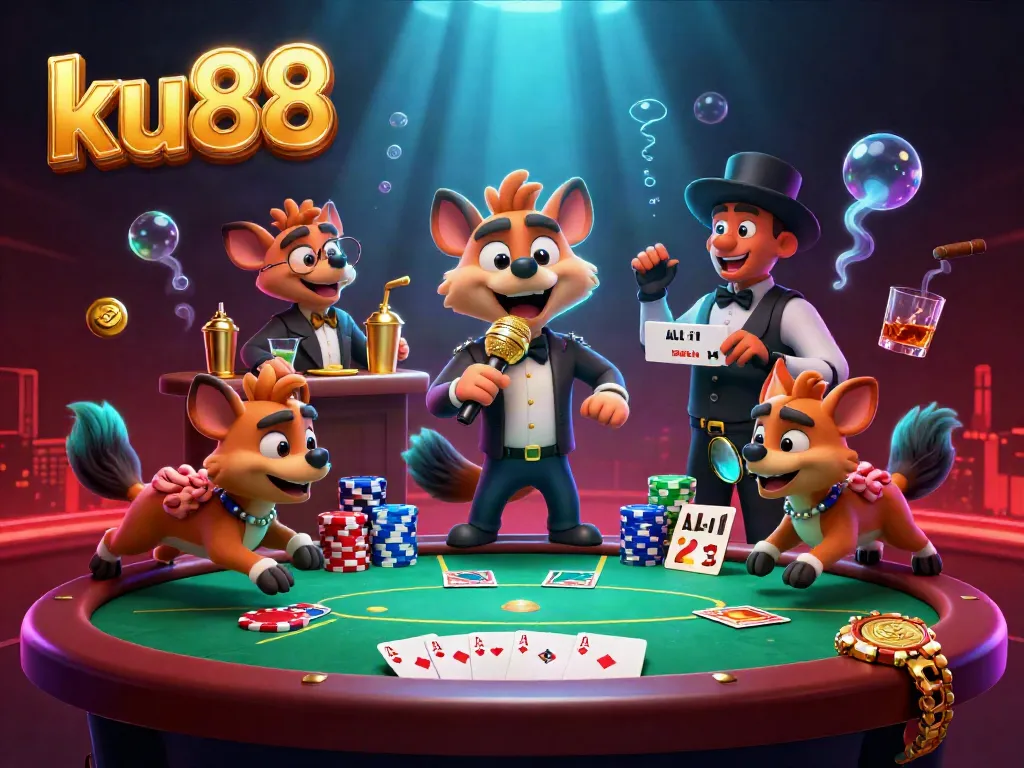 Experience ku88's vibrant casino atmosphere with hyenas in a comedy club, showcasing poker and drinks.