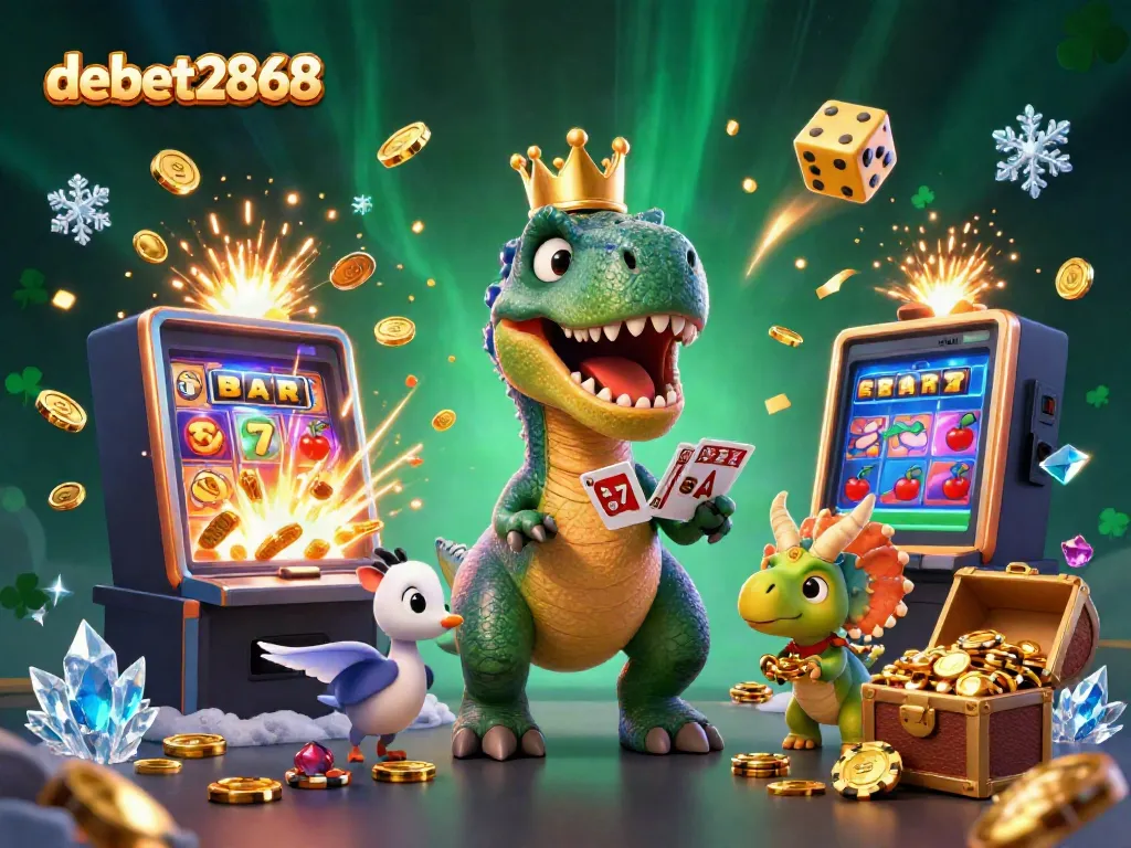 Experience the thrill of debet2868 with a T-Rex and a pterodactyl at a bustling casino.