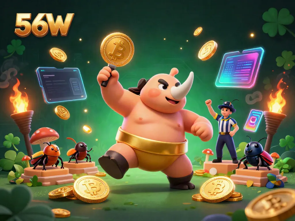 Engage with 56W's vibrant gaming scene featuring a beetle champion and dynamic crypto themes.