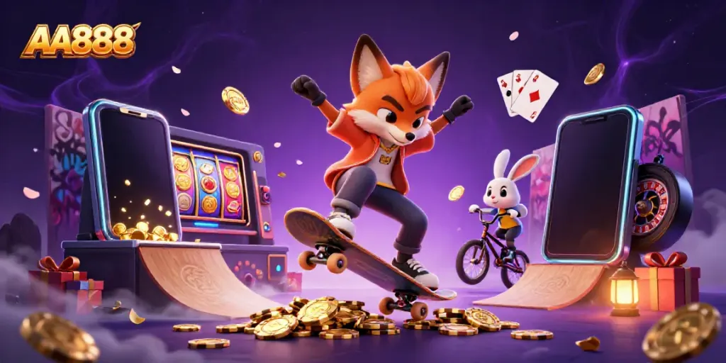 A skateboarder fox performing tricks and a BMX rabbit in a vibrant casino-themed illustration for AA888.