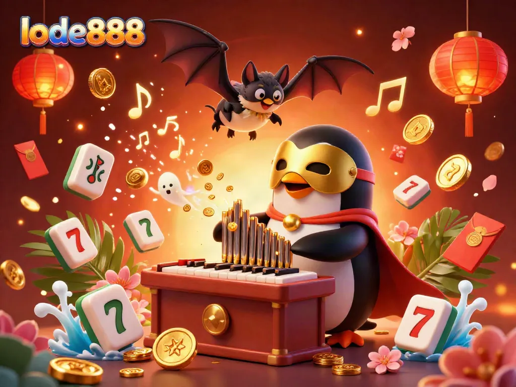 Experience the vibrant energy of lode888 with a 3D penguin organist as golden coins burst forth for ultimate winnings.