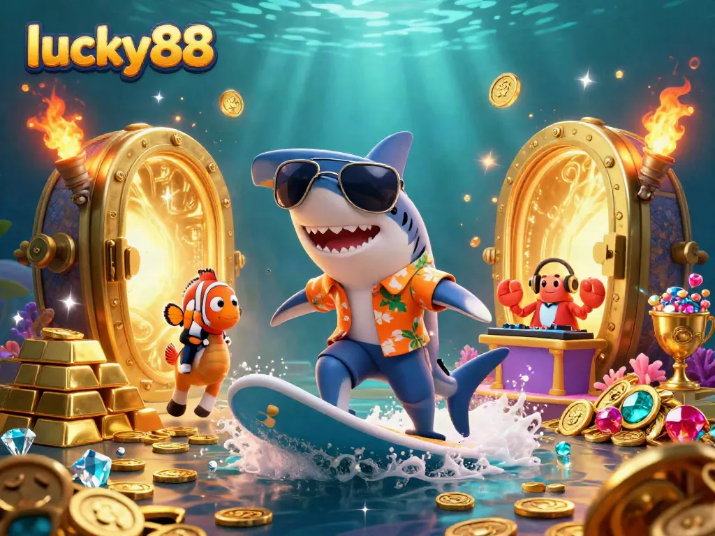 Experience the excitement of lucky88 with vibrant characters surfing on gold coins amidst dazzling casino treasures.