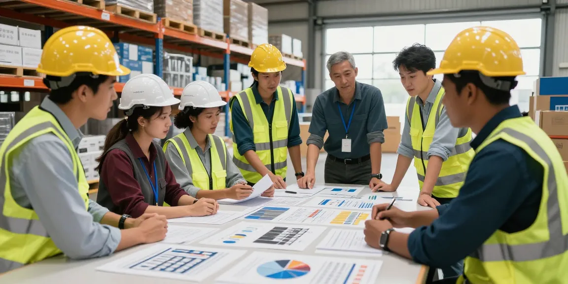 A equipe colaborando para otimizar a mão de obra terceirizada para indústria em um armazém industrial.