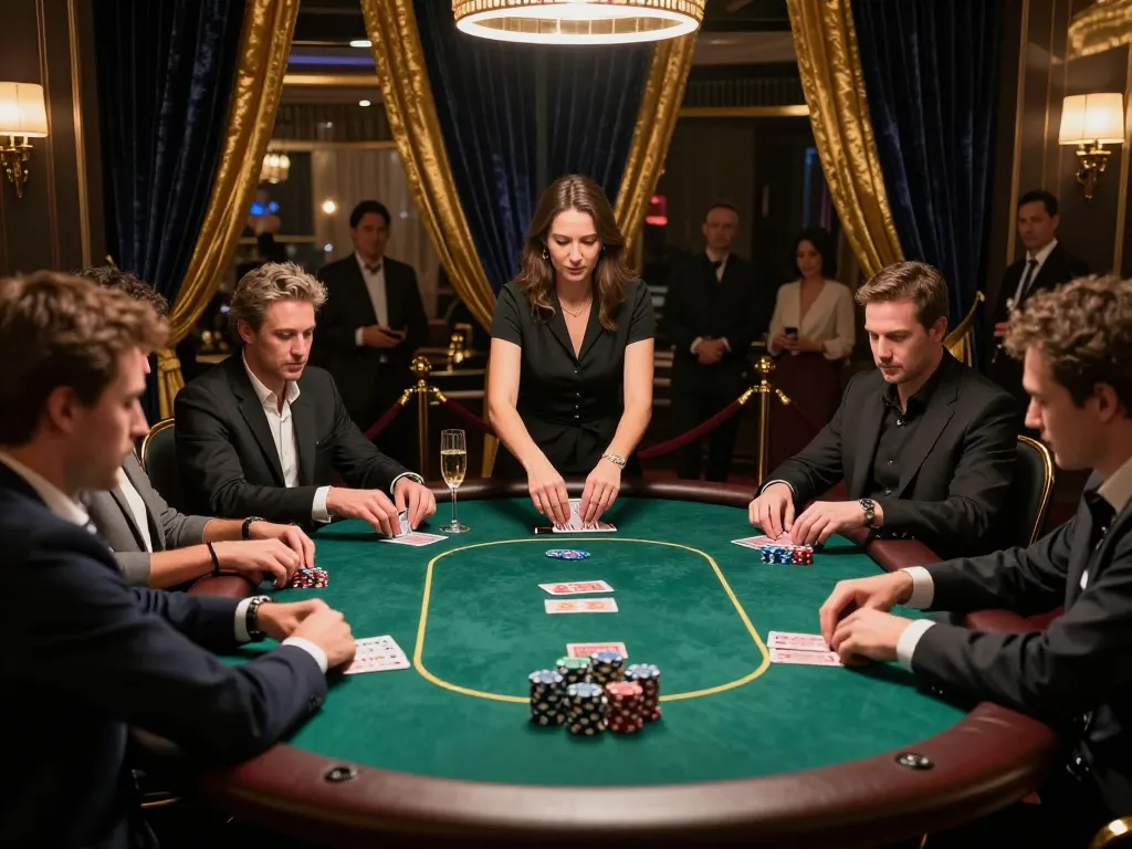 va88 high-stakes poker game in an upscale casino, players engaged in a strategic showdown