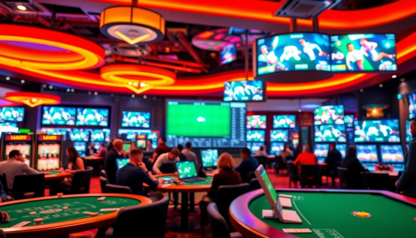 Placing a bet on bookmaker rugby amid an animated casino atmosphere.