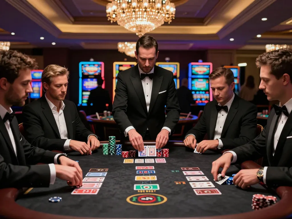 Jogadores da AAVIP envolvidos em uma partida de blackjack de alto risco em um ambiente de cassino luxuoso