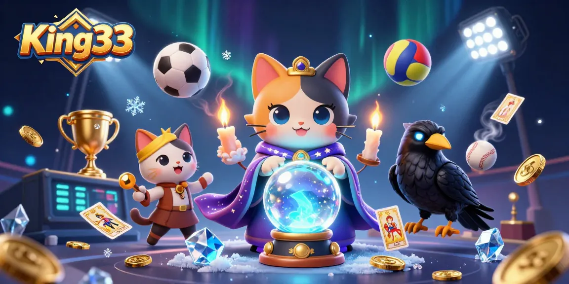 Engage in thrilling games at King33 with vibrant illustrations of mystical characters and sports elements.