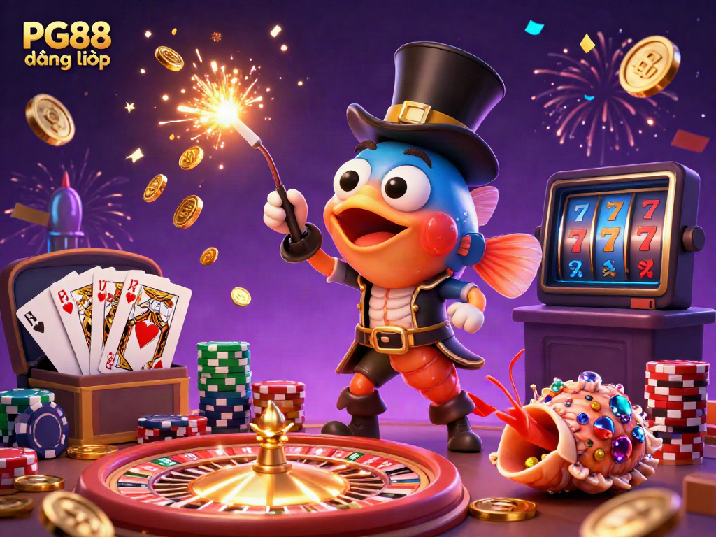 Engage with PG88 đăng nhập by spinning the 3D roulette wheel and collecting golden coins in a colorful casino scene.