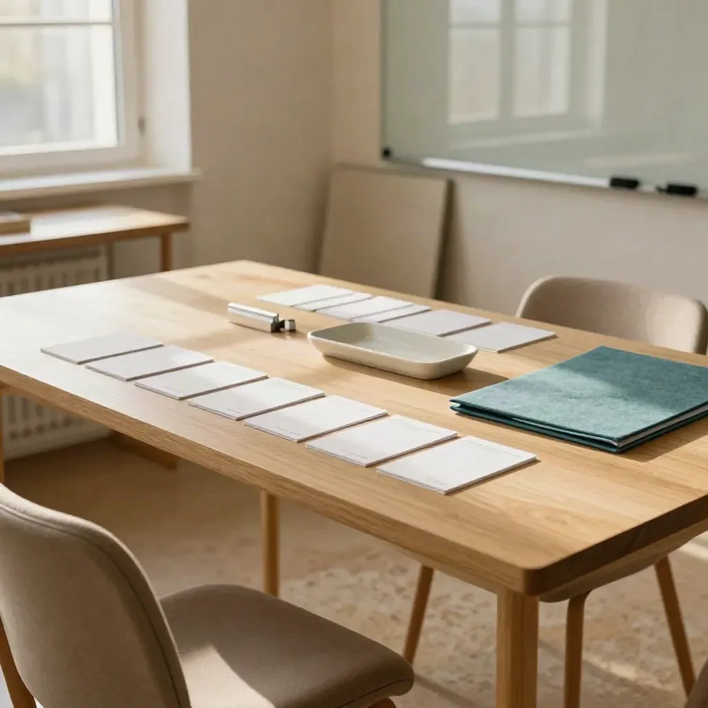 Sala de workshop com mesa clara, cadeiras curvas e cartões em branco sob luz da manhã.