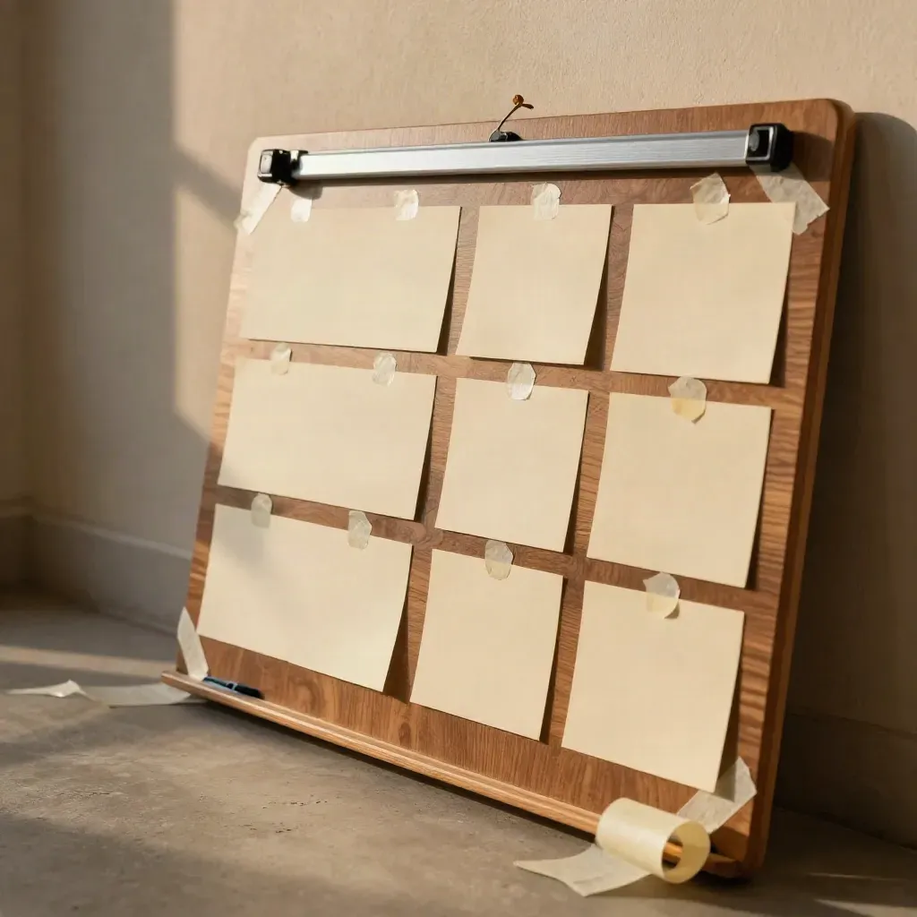 Quadro de mapeamento encostado na parede, cartões em branco, fita e trilho sob luz âmbar.