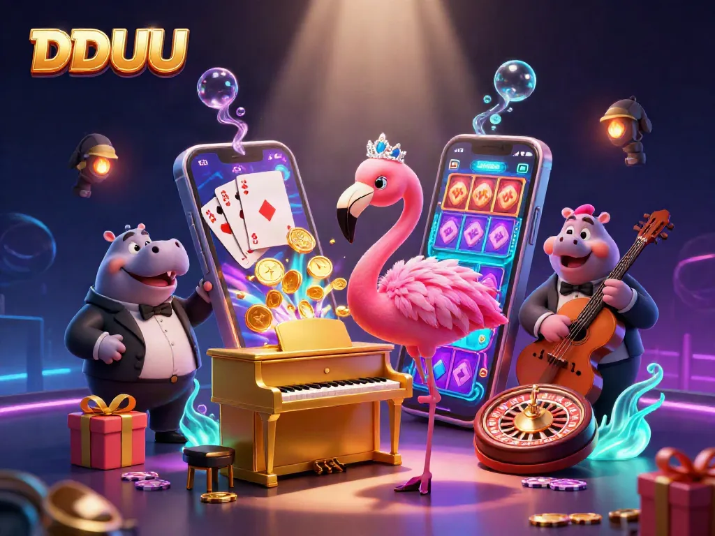 Experience DDUU with vibrant cartoon casino characters amidst an energetic gaming scene.